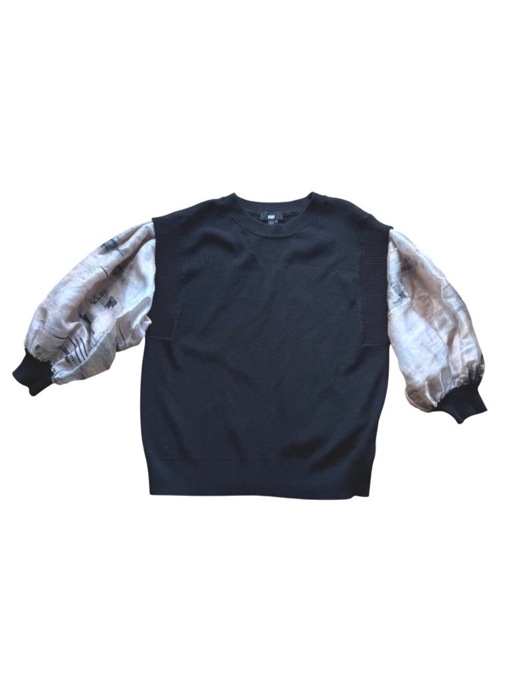 DKNY Women's Twofer Sweater Top L Mixed Media Black Knit Abstract Puff Sleeves